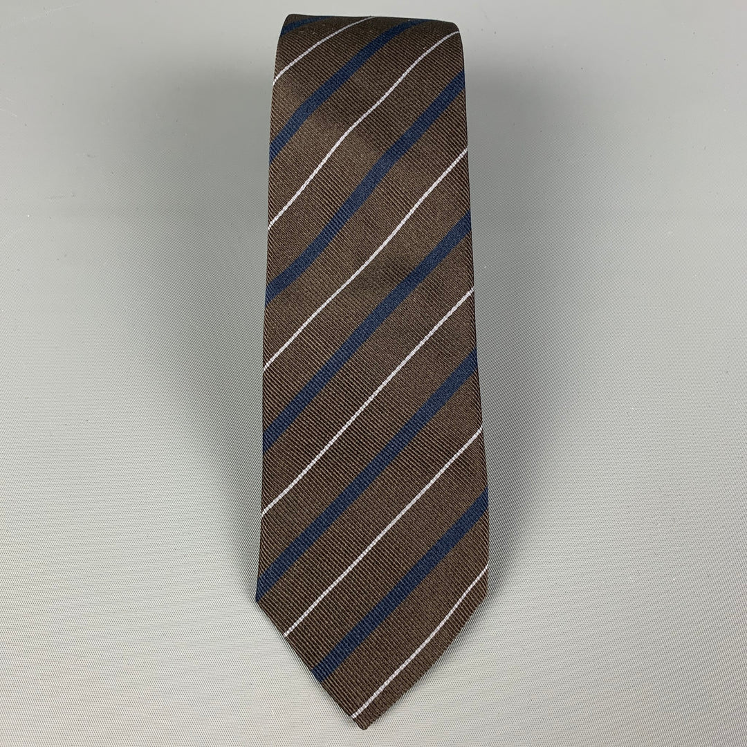 BRUNELLO CUCINELLI Brown Navy Diagonal Stripe Silk Tie