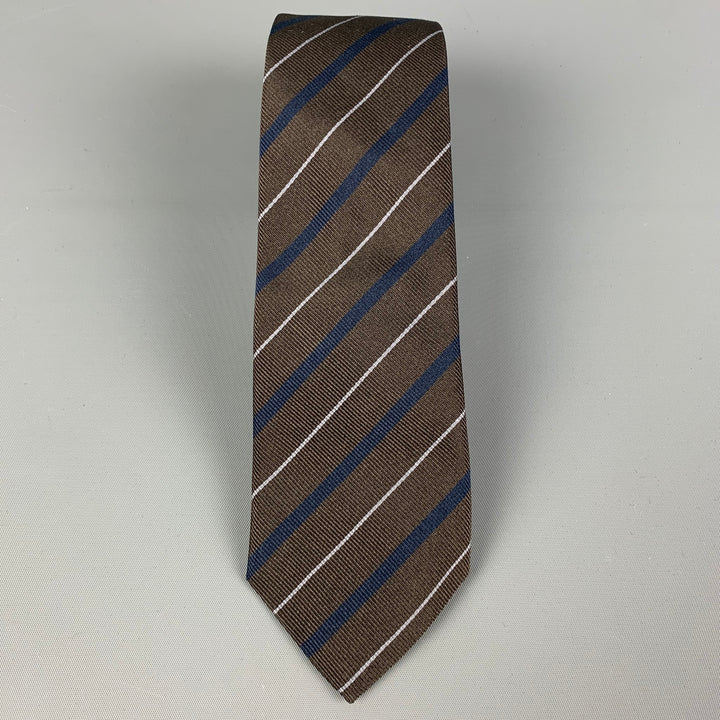 BRUNELLO CUCINELLI Brown Navy Diagonal Stripe Silk Tie