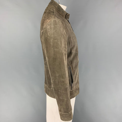 JUST CAVALLI Size 46 Moss Distressed Suede Zip Snaps Jacket
