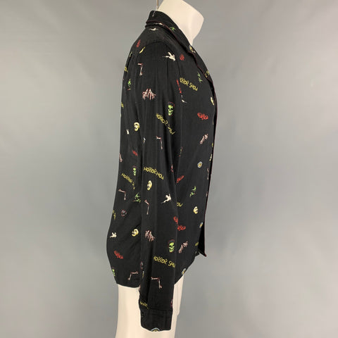 THE KOOPLES Size S Black Multi-Color Graphic Viscose Long Sleeve Shirt