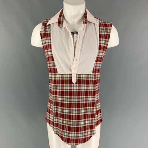 MCQ by ALEXANDER MCQUEEN Size S Burgundy White Plaid Short Sleeve Shirt