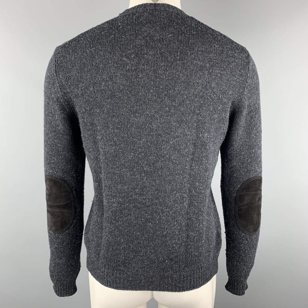 PRADA Size S Charcoal Knitted Wool Blend Crew-Neck Elbow Patches Pullover Sweater