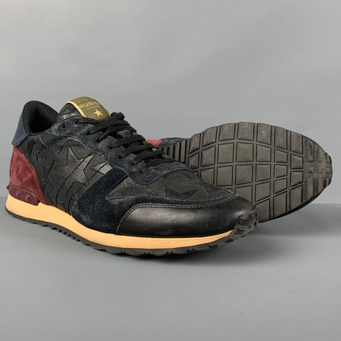 VALENTINO Talla 10 Zapatillas Rockrunner de cuero con estrellas burdeos azul marino
