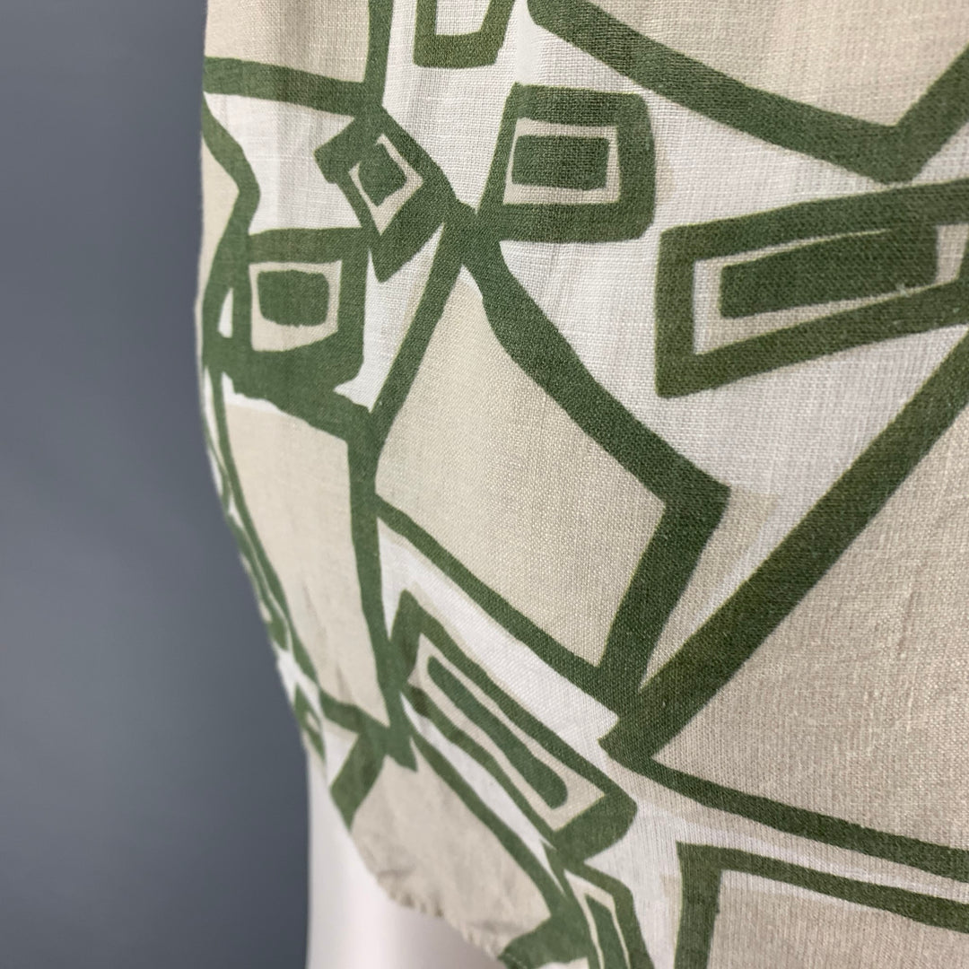 120% LINO Size S Green White Print Linen Button Up Long Sleeve Shirt