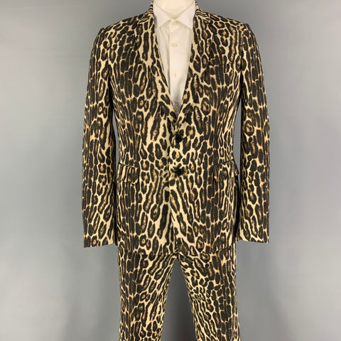 DRIES VAN NOTEN Chest Size 42 Brown Tan Animal Print Wool Notch Lapel 36 31 Suit