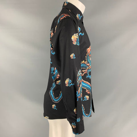VALESIDEN Size 42 Black Multicolour Dragon Print Button Down Long Sleeve Shirt