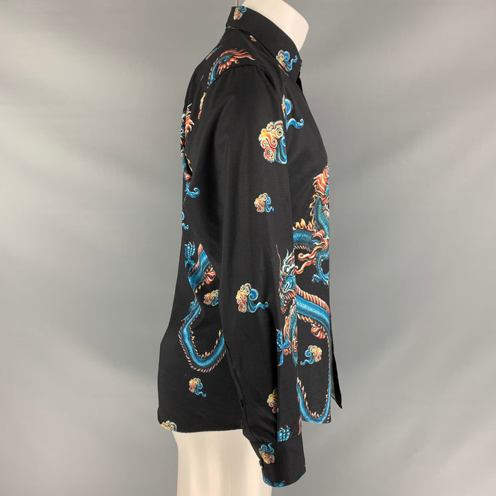 VALESIDEN Size 42 Black Multicolour Dragon Print Button Down Long Sleeve Shirt