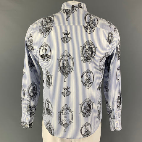 Vintage MOSCHINO JEANS Size L Blue Black White Print Cotton Ruffle Long Sleeve Shirt