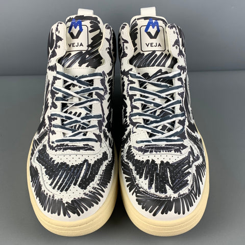 MARNI x VEJA Size 10.5 White Black Scribble Leather High Top Sneakers