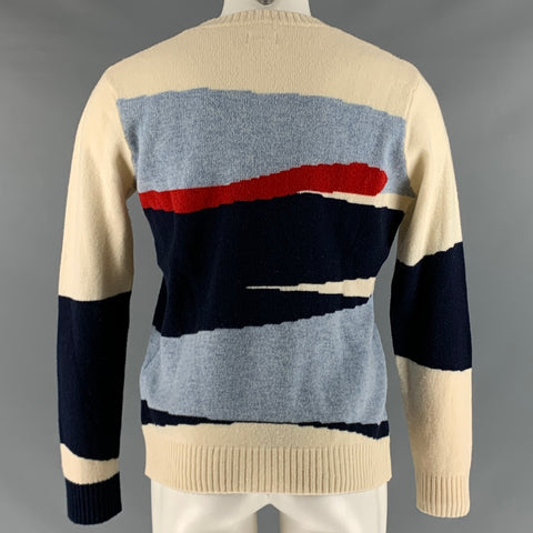 GANT Size M Blue Cream Color Block Wool Crew-Neck Sweater