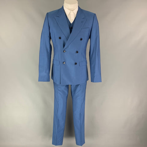 DOLCE & GABBANA Size 38 Regular Blue Wool / Silk Peak Lapel 3 Piece Suit