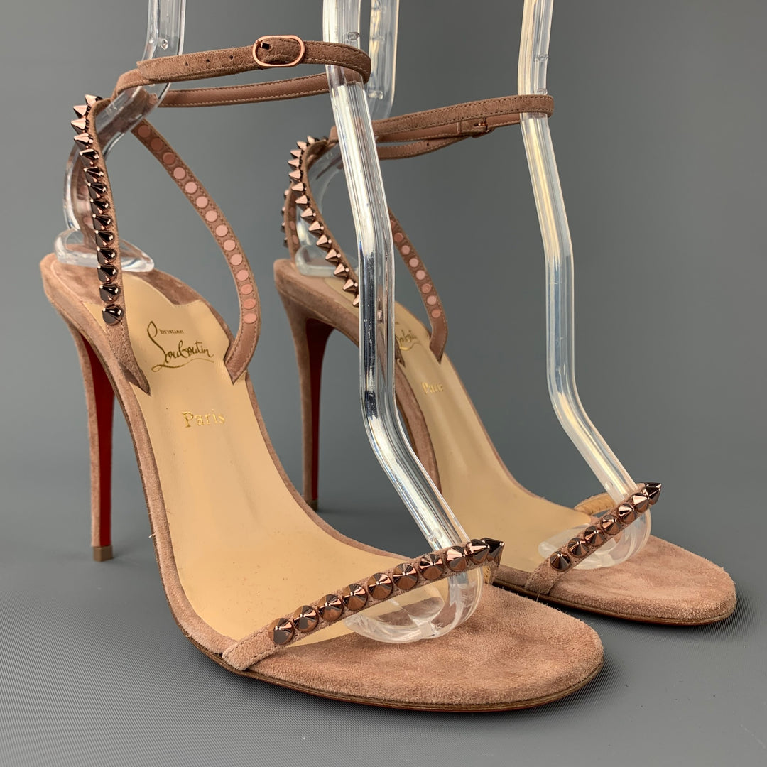 CHRISTIAN LOUBOUTIN So Me Spike Size 8 Suede Taupe Ankle Strap Sandals