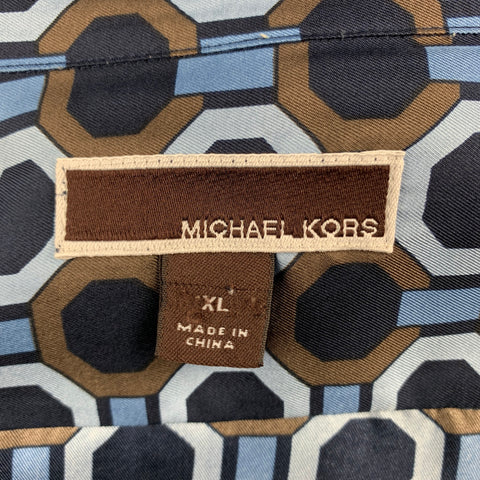 MICHAEL KORS Size XL Blue & Brown Print Silk Button Up Long Sleeve Shirt