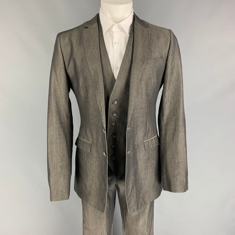 D&G by DOLCE & GABBANA Size 40 Grey Cotton Linen Notch Lapel 3 Piece Suit
