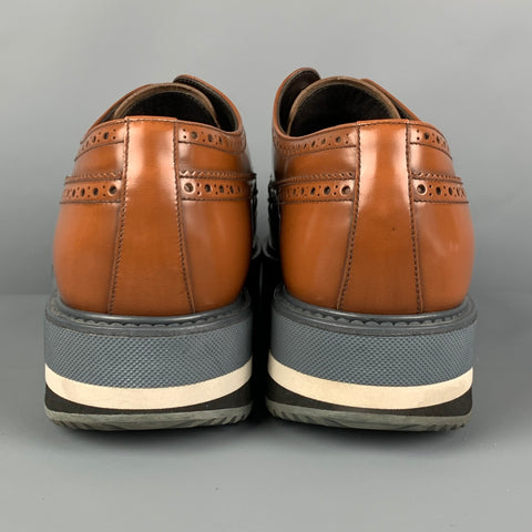 PRADA Size 9.5 Tan Grey Perforated Leather Wingtip Lace Up Shoes