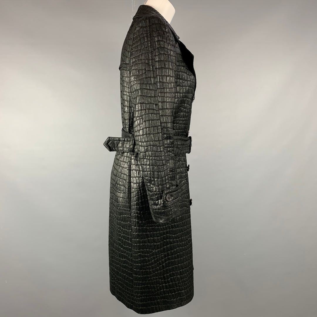 DRIES VAN NOTEN Size 6 Black Textured Acetate Blend Belted Trench Coat