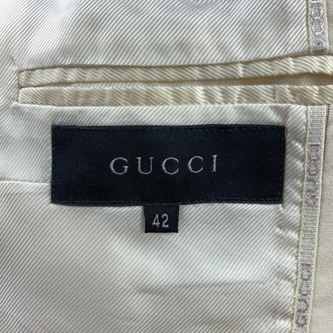 GUCCI Size 6 Cream &  Navy Pinstripe Wool Peak Lapel Wide Leg Pants Suit