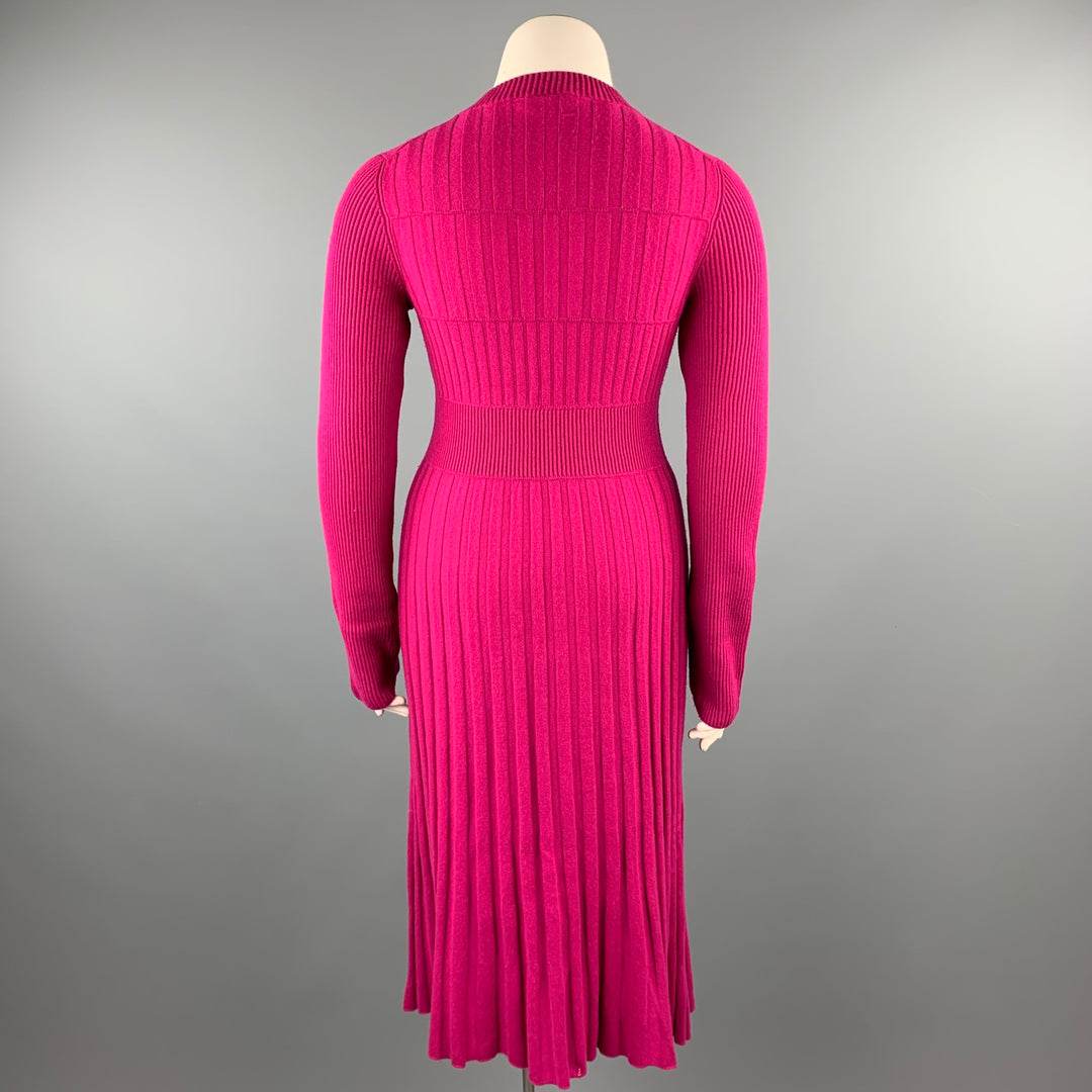 CHANEL Size 10 Fuchsia Knitted Pleated Wool Crew-Neck Sweater Dress