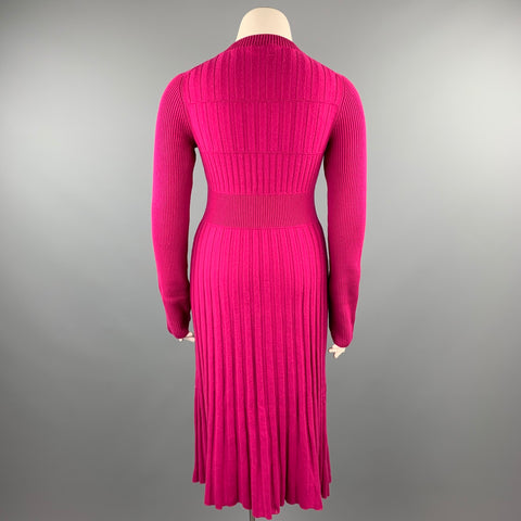 CHANEL Talla 10 Vestido tipo suéter con cuello redondo y lana plisada de punto fucsia