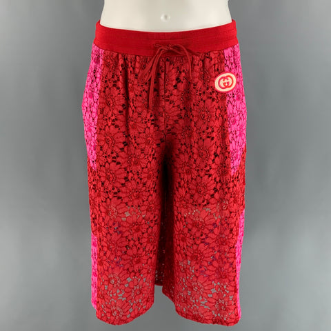 GUCCI Size M Red Pink Floral Viscose Lace Up Shorts