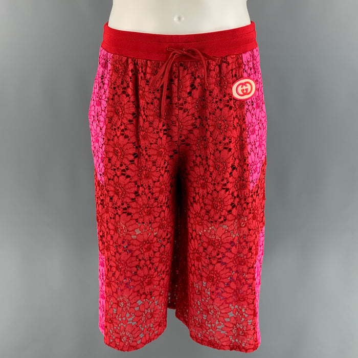 GUCCI Size M Red Pink Floral Viscose Lace Up Shorts