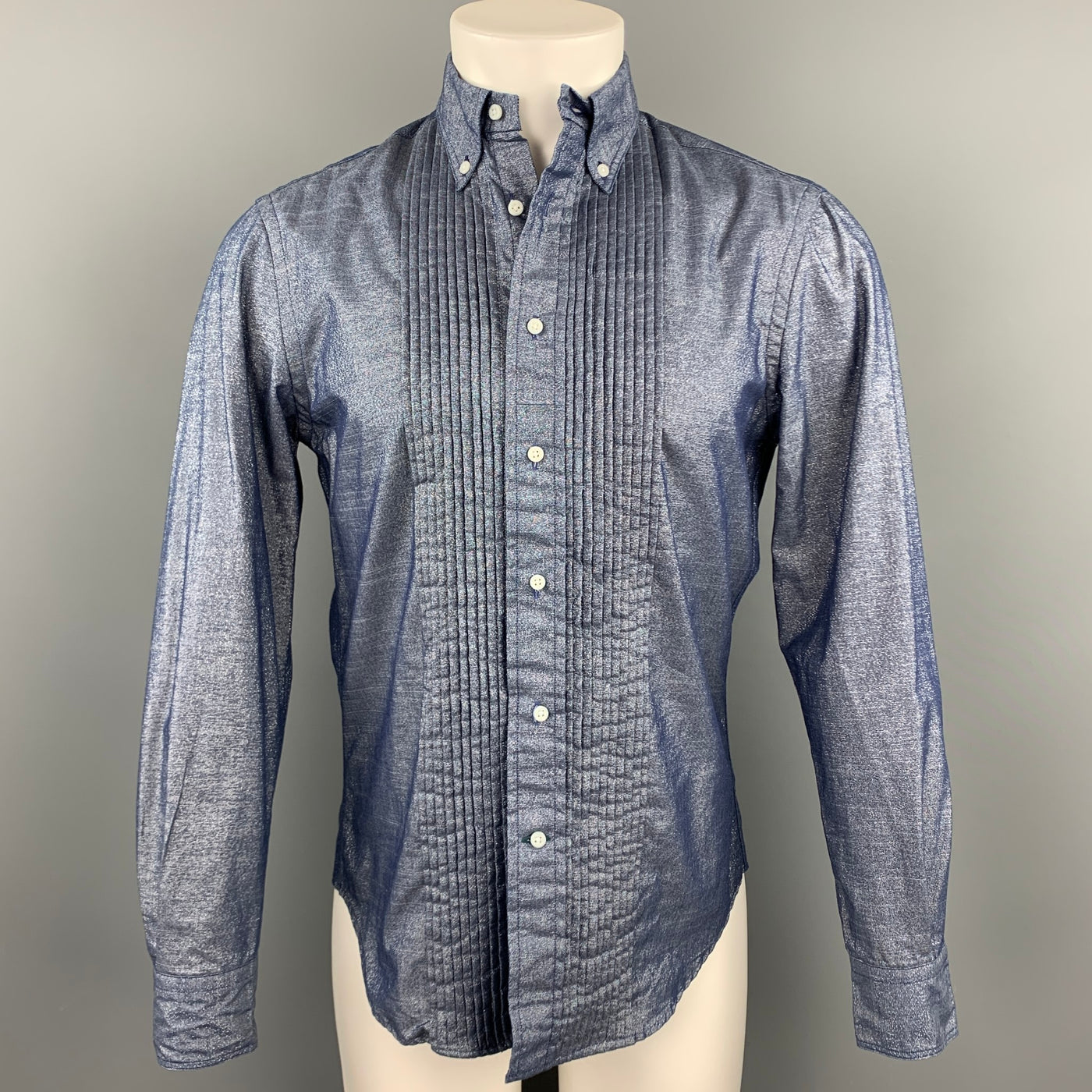 GITMAN VINTAGE Size S Blue Metallic Cotton Blend Button Down Pleated Long Sleeve Shirt