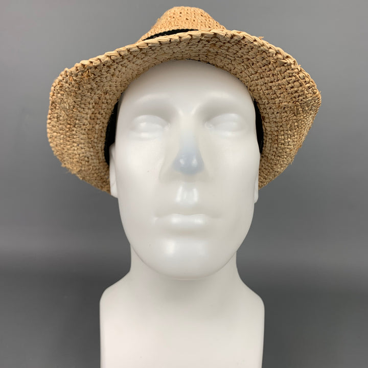 TRACY WATTS Natural & Black Woven Raffia Fedora Hat