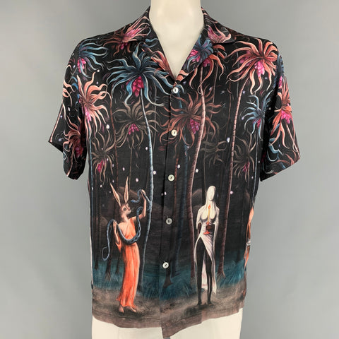 ENDLESS JOY Size XL Multi-Color Print Silk Camp Short Sleeve Shirt