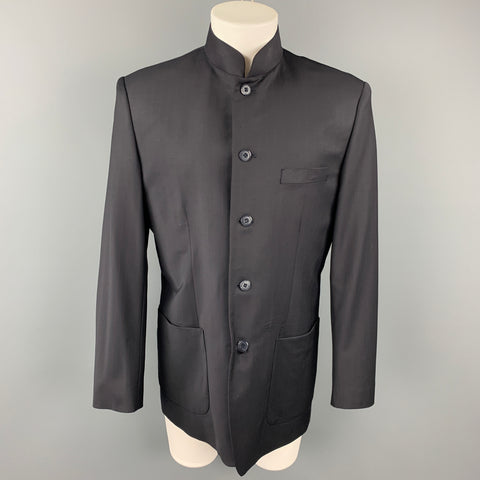 SHANGHAI TANG 40 Long Black & Red Pinstripe Wool Blend Nehru Collar Sport Coat