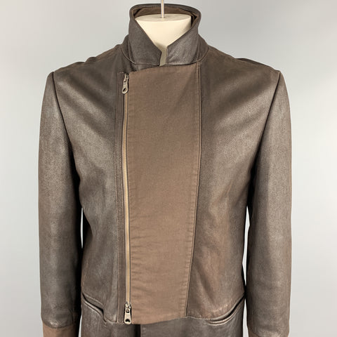 EMPORIO ARMANI Size L Brown Solid Leather Asymmetrical Coat