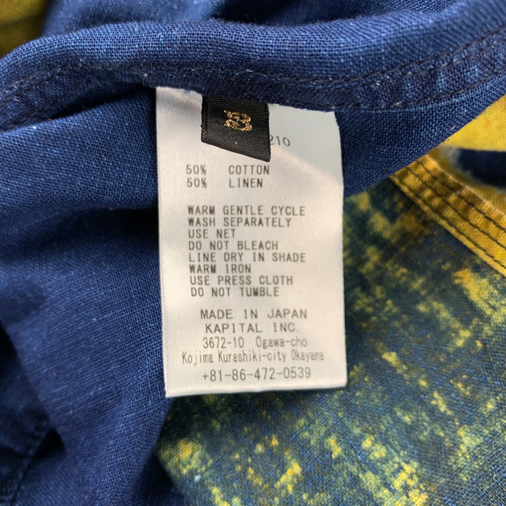 KAPITAL Size L Navy & Yellow Print Cotton / Linen Button Up Short Sleeve Shirt