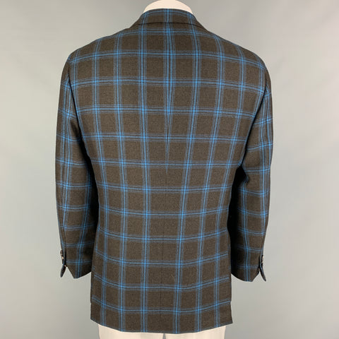 KITON Size 44 Brown Blue Plaid Cashmere Notch Lapel Sport Coat