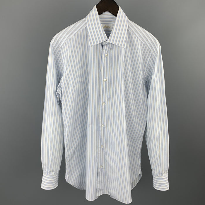 BRIONI Size M Light Blue Stripe Cotton Button Up Long Sleeve Shirt