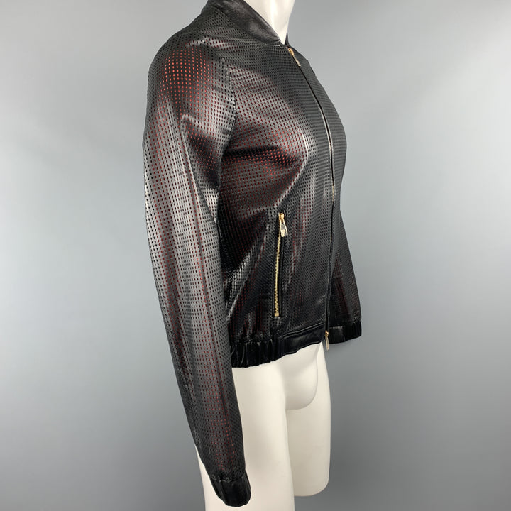 VERSACE COLLECTION Size 34 Black Perforated Leather Medusa Zip Up Jacket