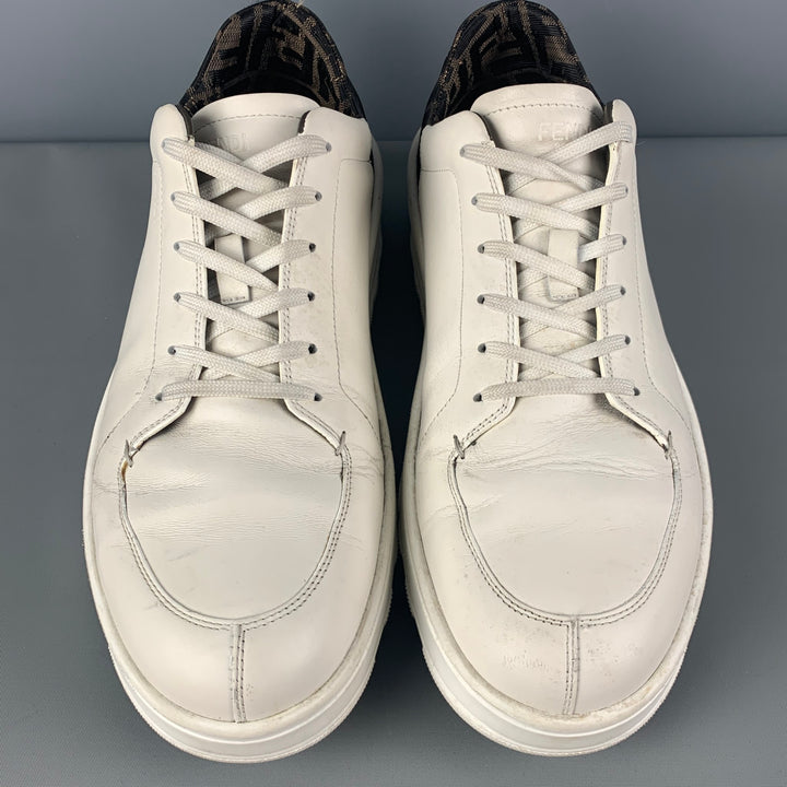 FENDI Size 12 White Brown Logo Leather Lace Up Sneakers