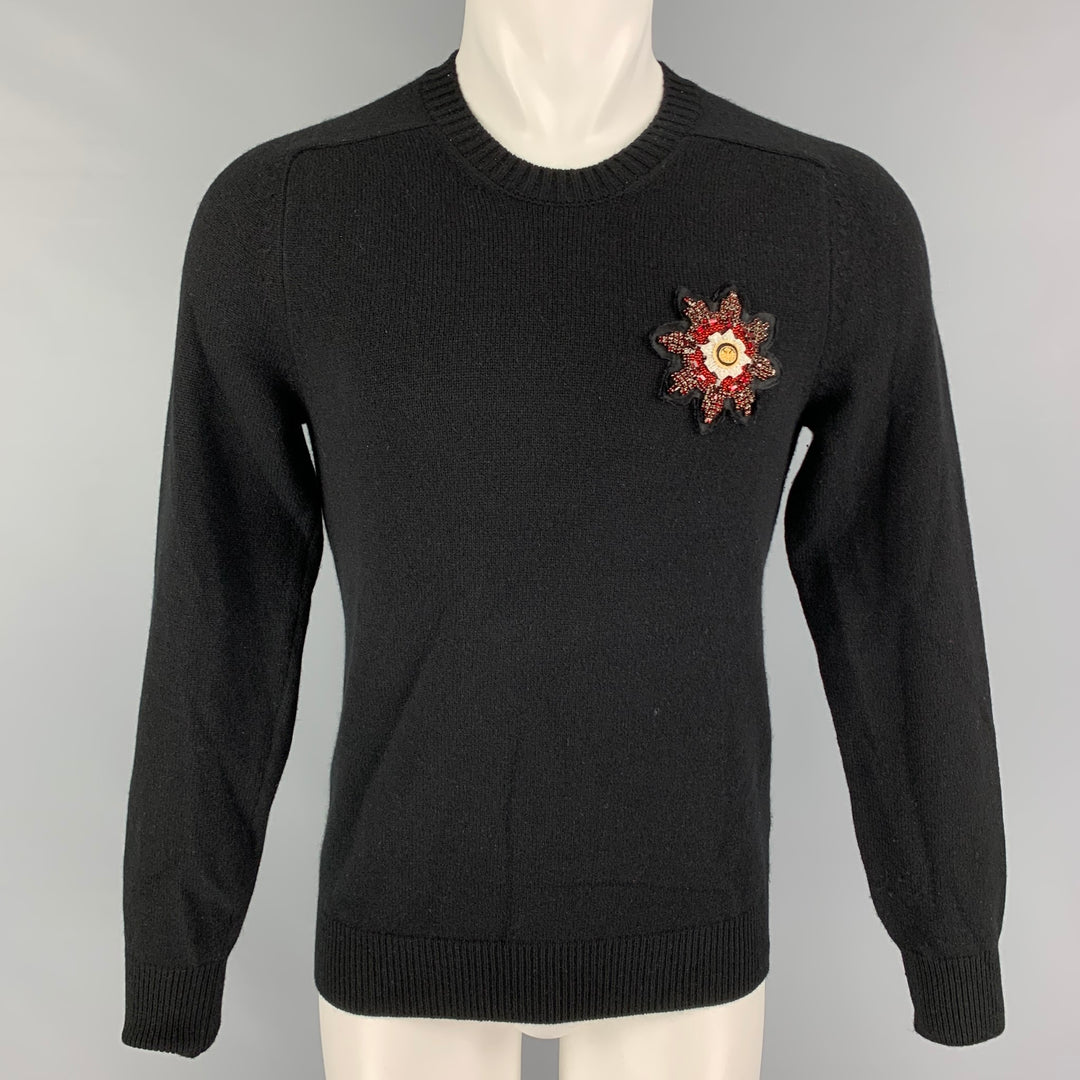 ALEXANDER MCQUEEN Size S Black Applique Cashmere Crew-Neck Sweater