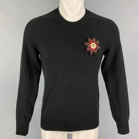 ALEXANDER MCQUEEN Size S Black Applique Cashmere Crew-Neck Sweater