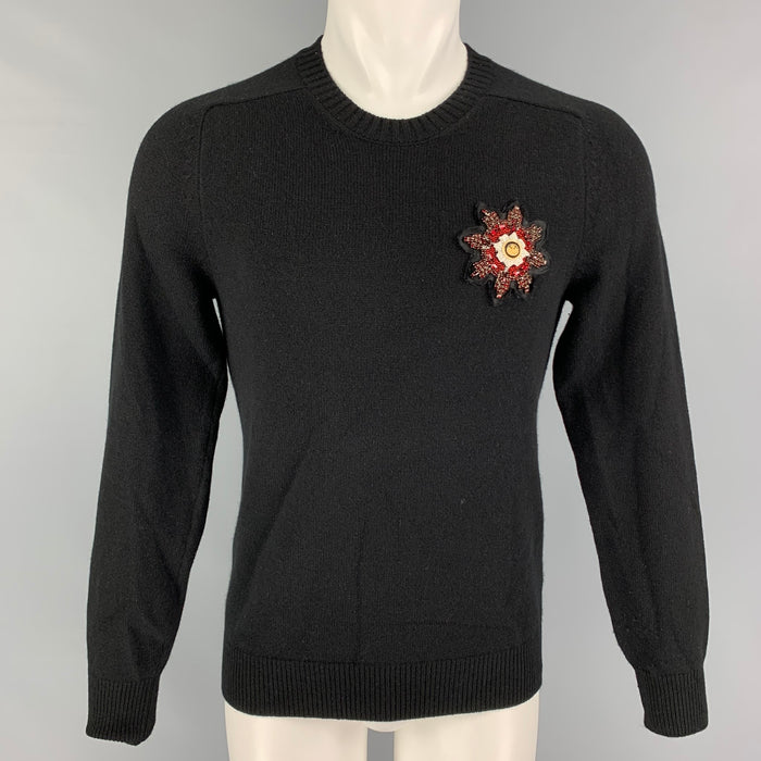 ALEXANDER MCQUEEN Size S Black Applique Cashmere Crew-Neck Sweater
