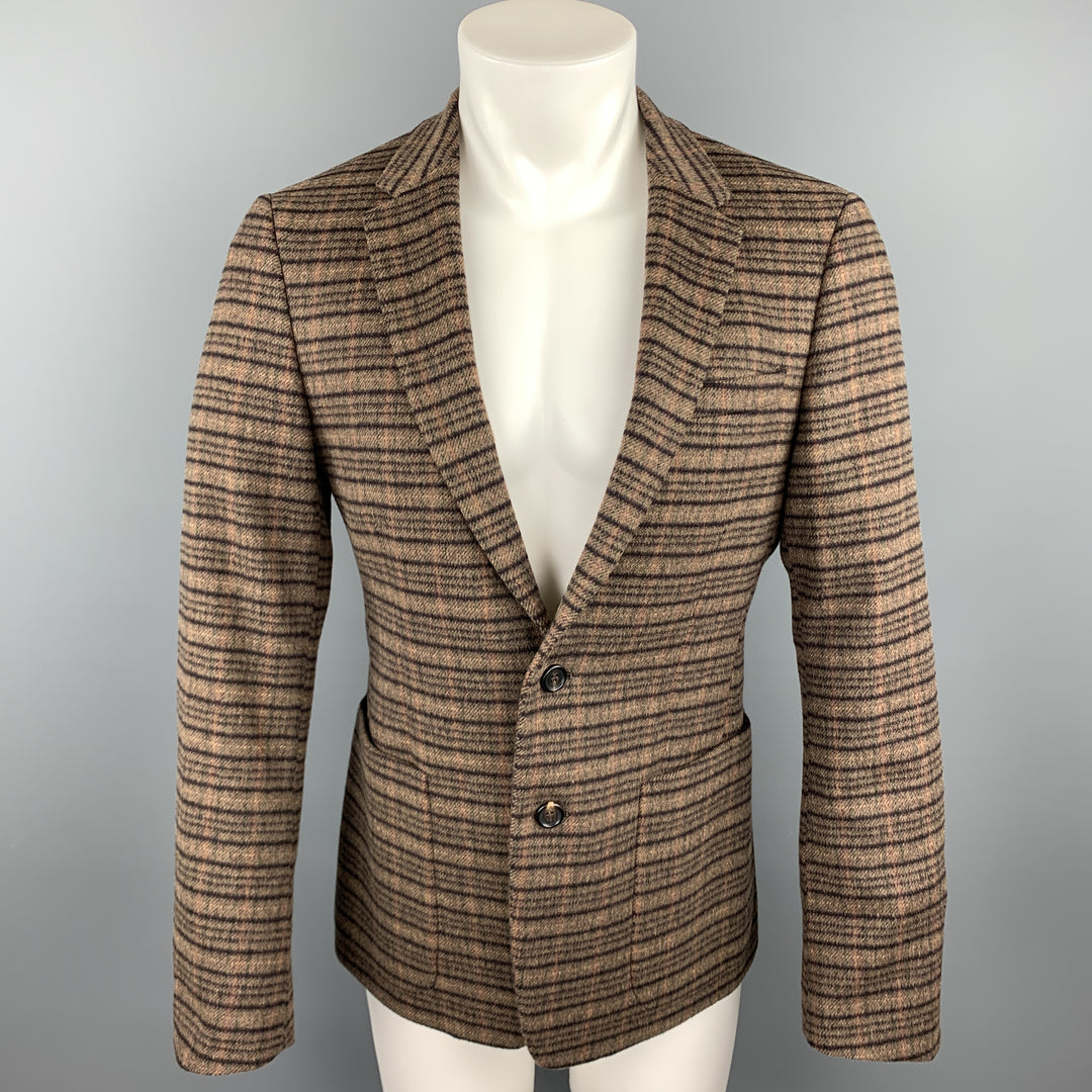 PRADA Talla 38 Abrigo deportivo con solapa de muesca de lana / alpaca a cuadros marrón