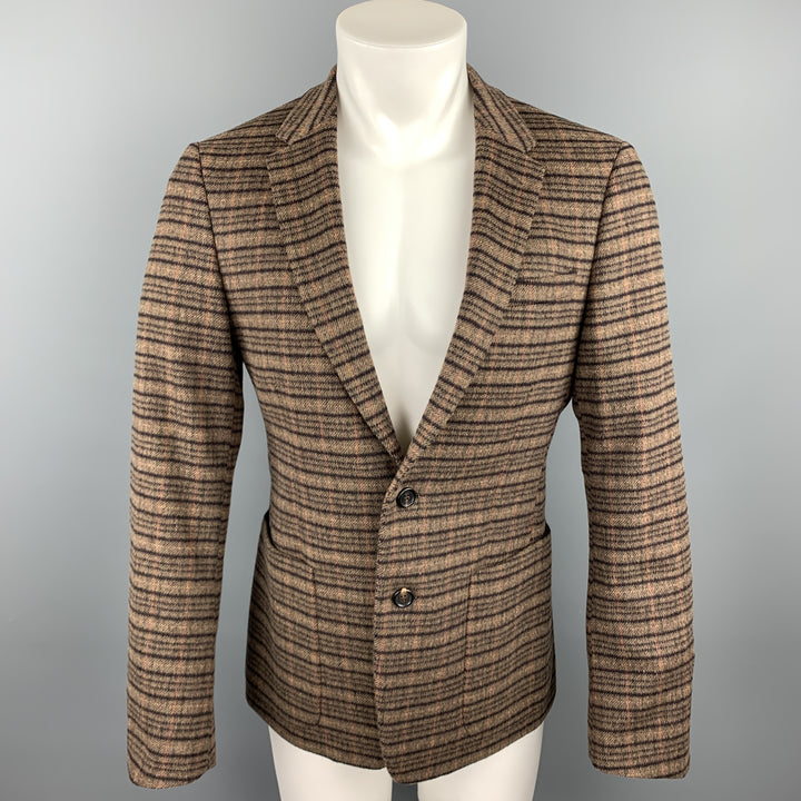 PRADA Talla 38 Abrigo deportivo con solapa de muesca de lana / alpaca a cuadros marrón