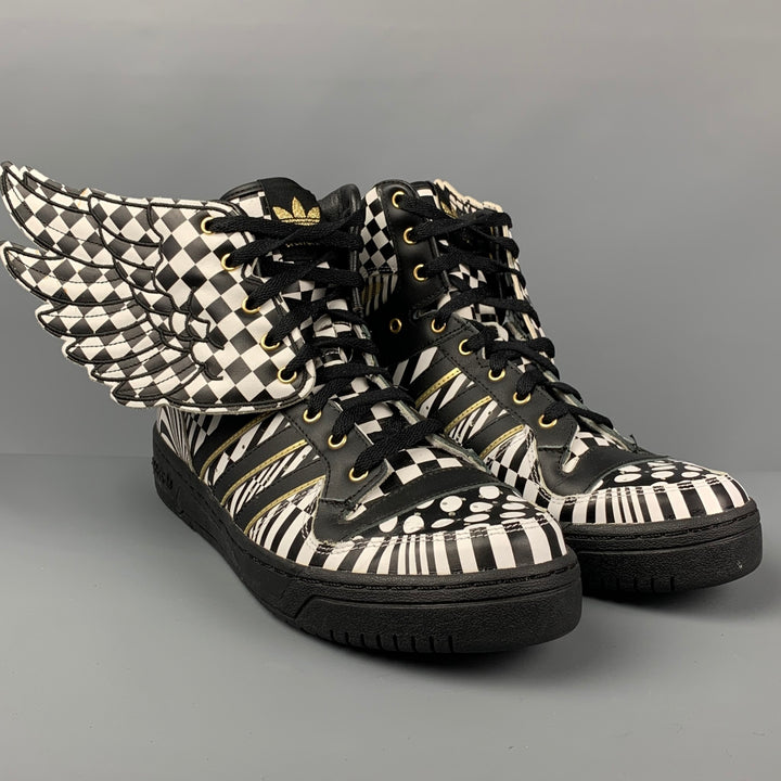 JEREMY SCOTT x ADIDAS Size 12 Black White Geometric Leather High Top Wings Opart Sneakers