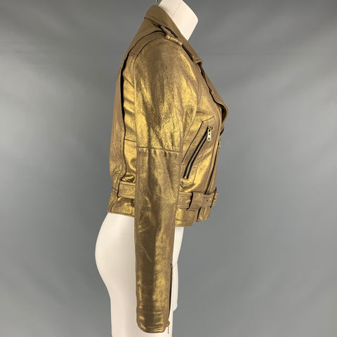 REBECCA MINKOFF Size XS Gold Leather Metallic Lambskin Biker Jacket (Outdoor)