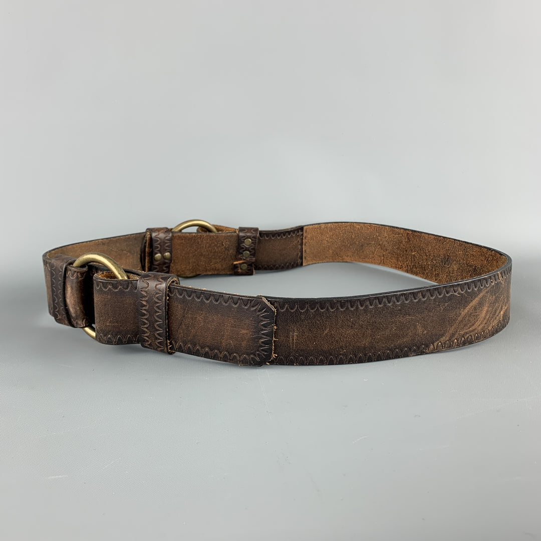 DSQUARED2 Size M Brown Leather Double Hoop Embossed Logo Belt