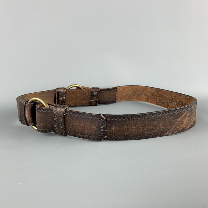 DSQUARED2 Size M Brown Leather Double Hoop Embossed Logo Belt