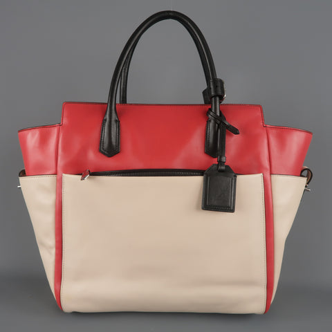 REED KRAKOFF Red Black & Light Pink Leather Tote Handbag