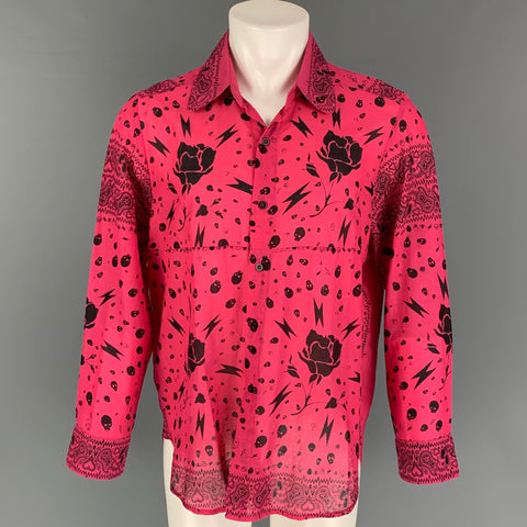SODA Size M Fuchsia Black Skulls Long Sleeve Shirt