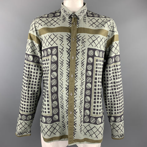BURBERRY PRORSUM Size XL Olive Print Cotton Button Up Long Sleeve Shirt