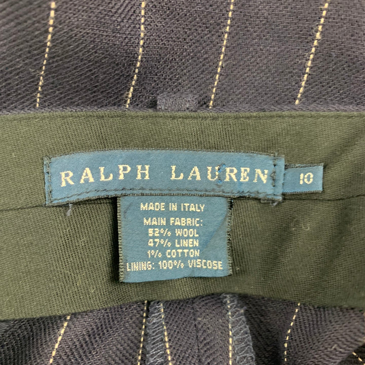 RALPH LAUREN Blue Label Size 10 Navy White Pinstripe Linen Blend Wide Leg Dress Pants