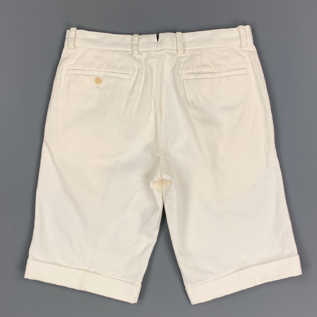 BISHITTO Talla 29 Pantalones cortos blancos de algodón/lino con bragueta y cremallera