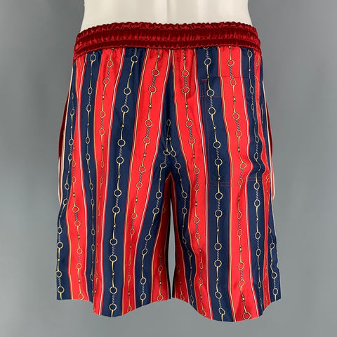 GUCCI Size XS Red Blue Stripe Viscose Horsebit Graphic Drawstring Shorts